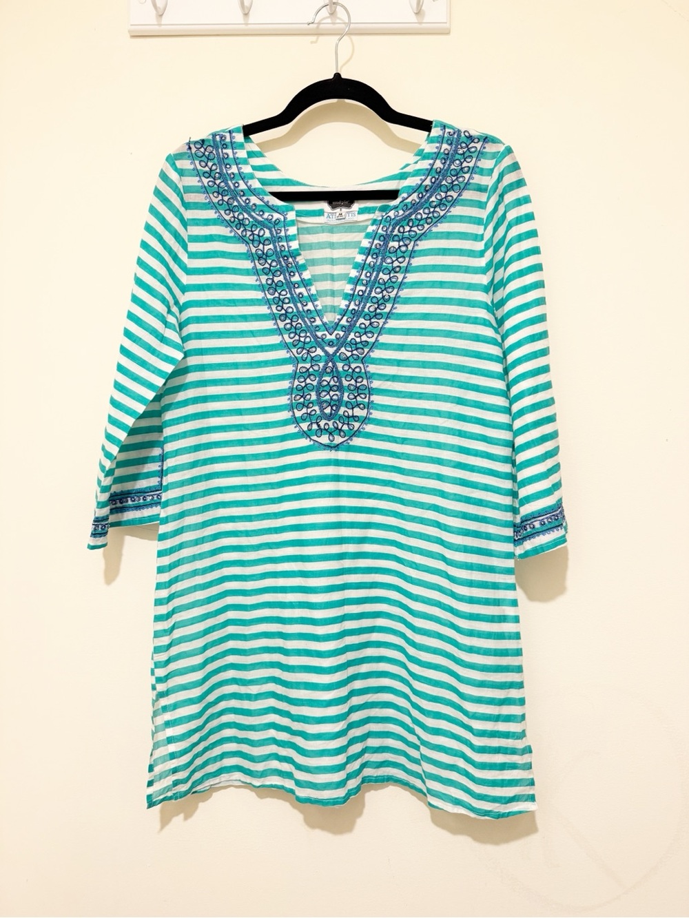 Mud Pie Teal and White Striped Embroidered V-Neck Tunic